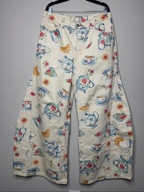 We the Free Eden Slouch Tea Party Boho Print Wide Leg Barrel Jeans Size 32